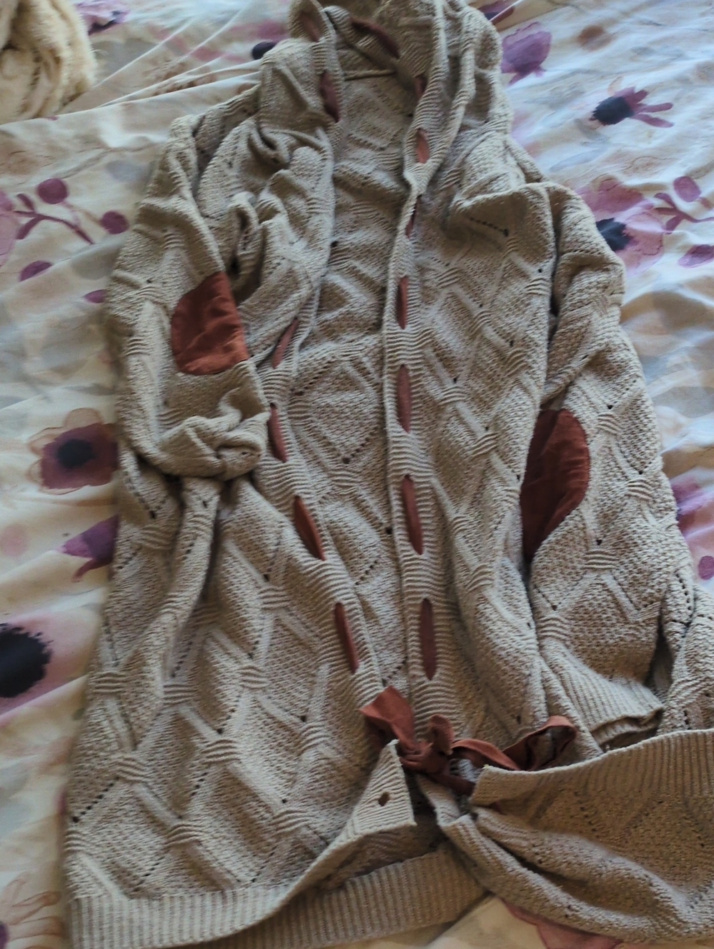 Beige Open-Knit Hooded Cardigan with Rust Elbow Patches